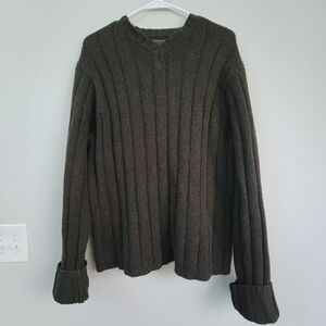 Abercrombie & Fitch Green Ribbed Y2K V Neck Sweater Men Size XL Military Grunge